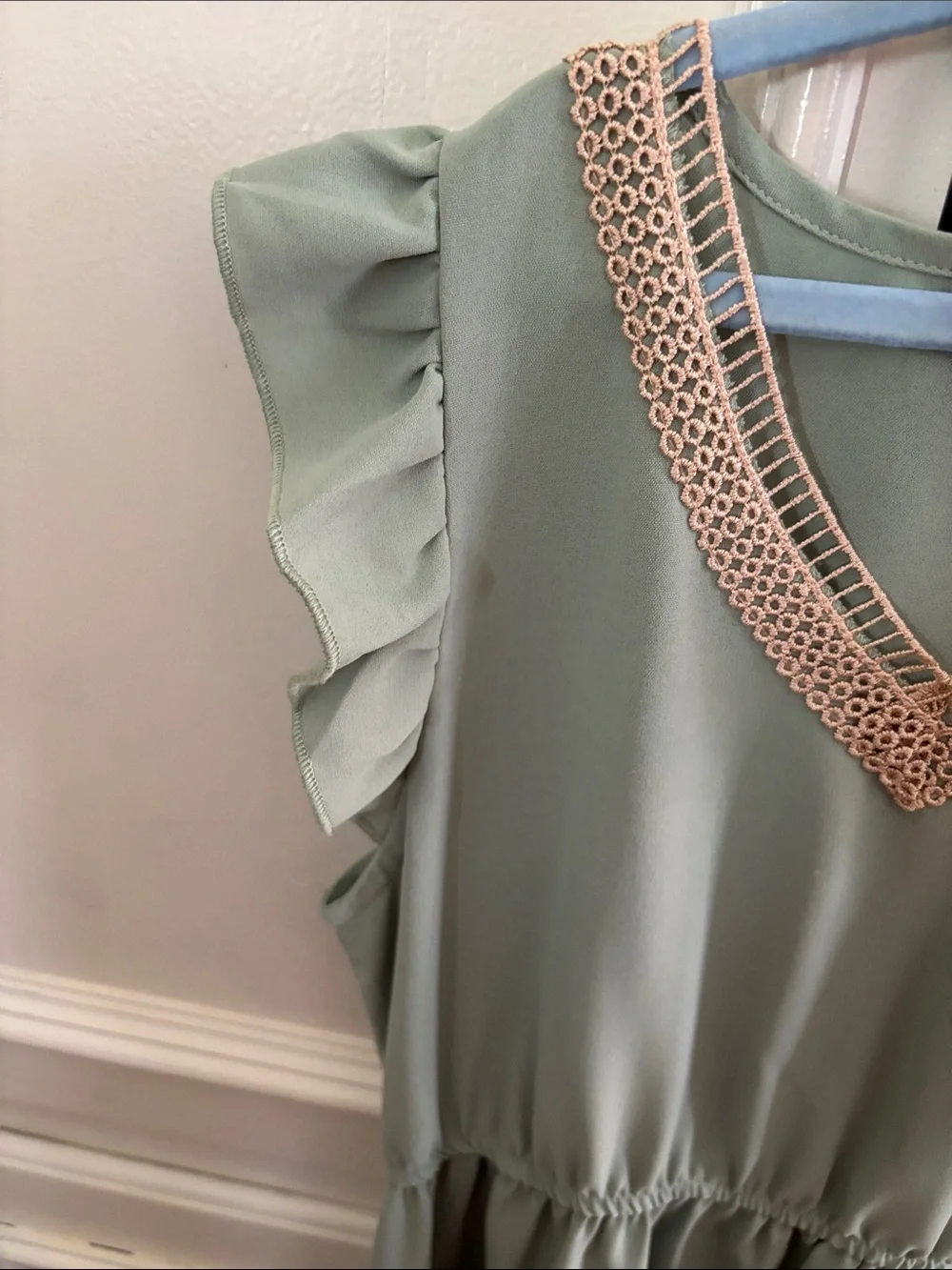 Girls Sage Green Ruffle Sleeve Dress with Embroidered V-Neck